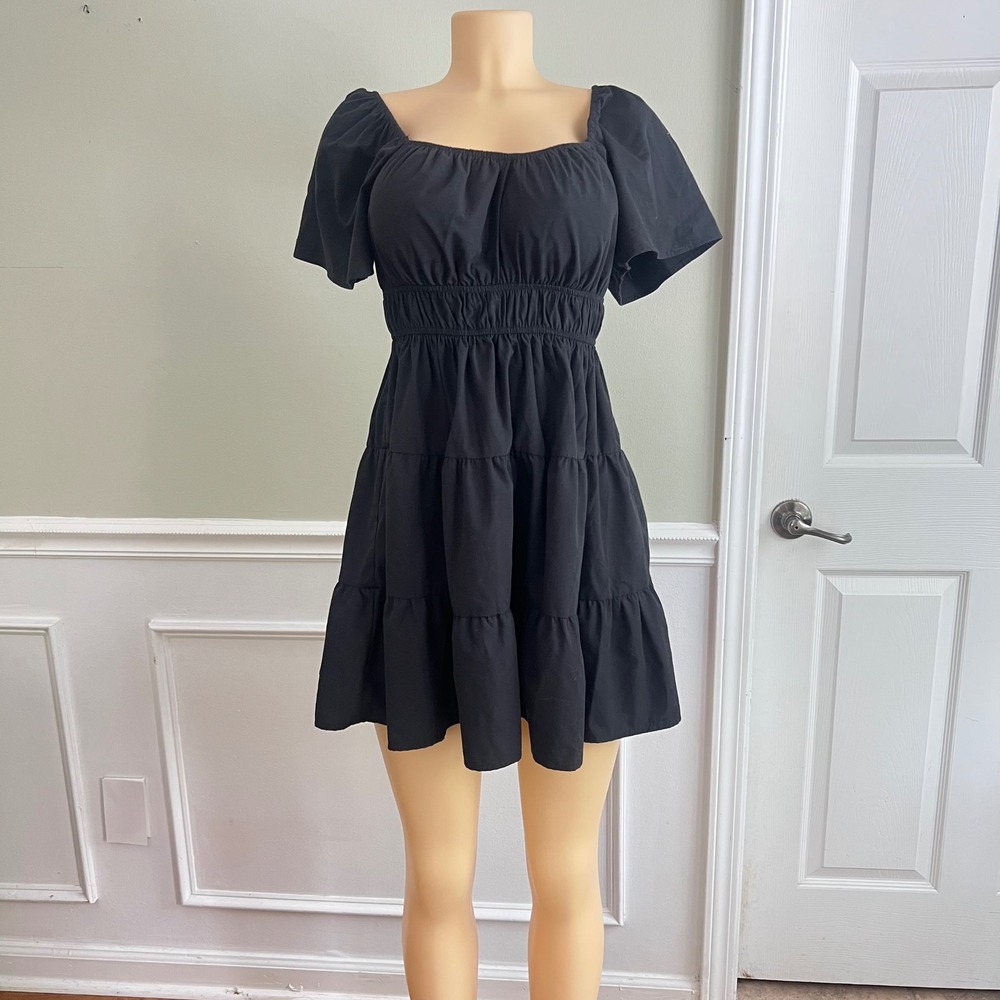 Black Mini Dress Sz M Smocked Tiered Puff Sleeve Babydoll Cottage Dark Indie